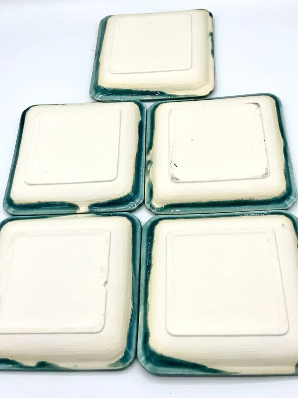 Vintage Turquoise Teal Ceramic Coaster Small Plate Set 5 Plates + Bamboo Holder